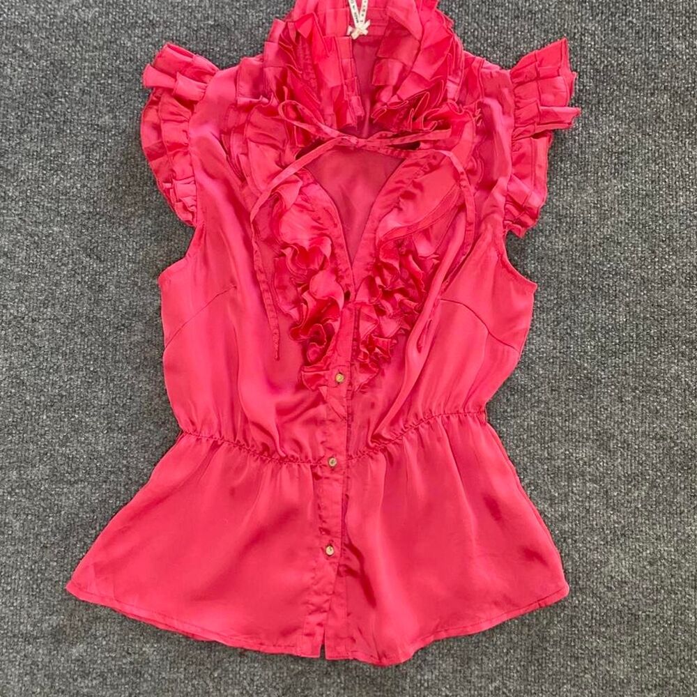 Y2K bright pink frilly ruffle blouse cinched waist